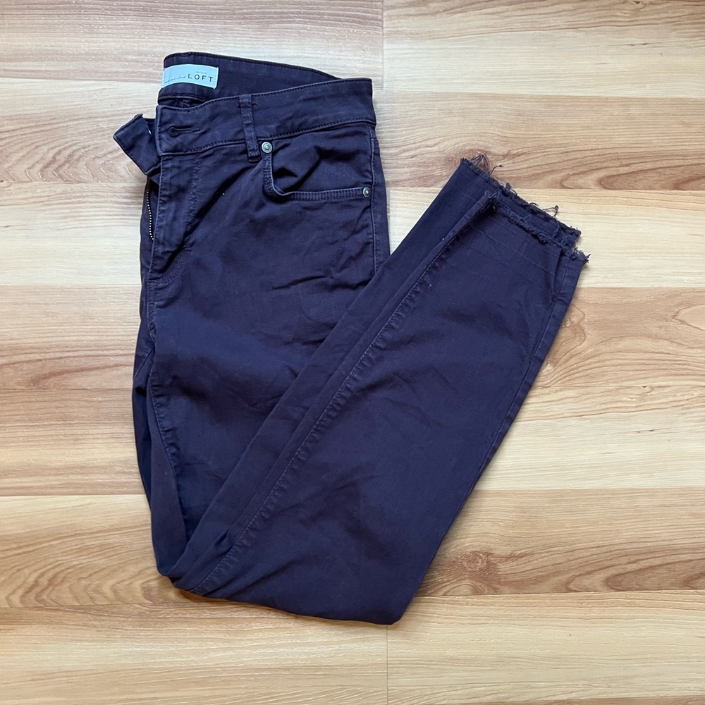 LOFT Dark Raisin Purple Raw Frayed hem Curvy Skinny Ankle jeans